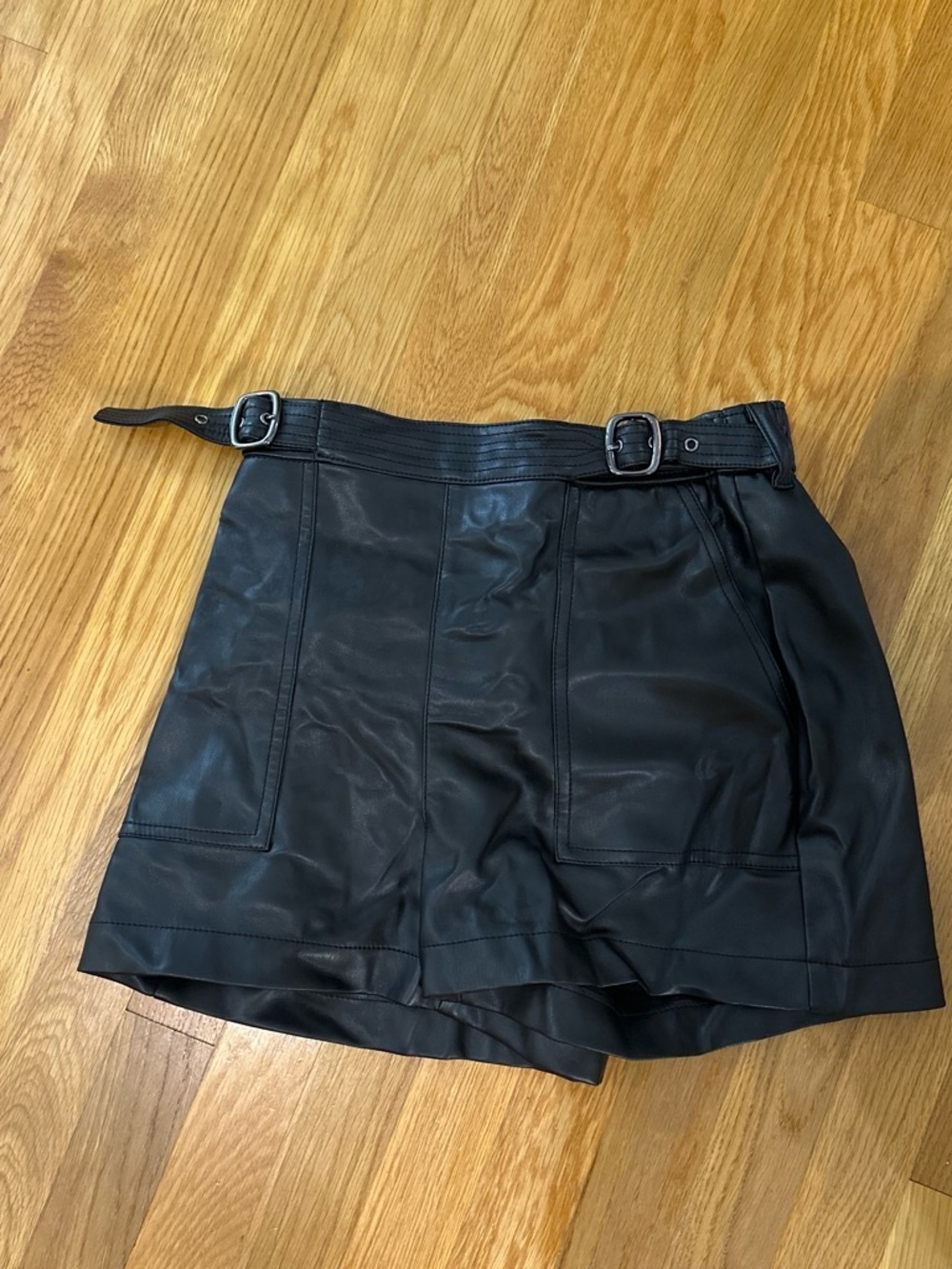 Black Faux Leather High-Waist Skort with Belt Detail
